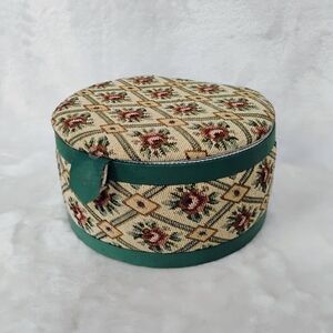 Vtg Floral Tapestry Fabric Covered Lid Storage Sewing Box Round Trinket N